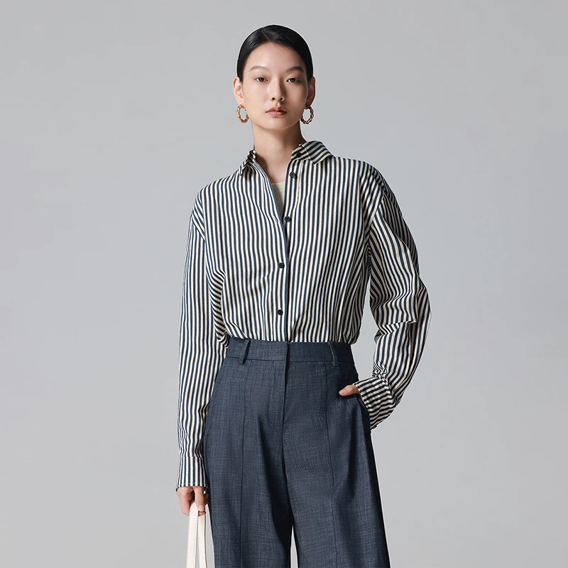 LANCY/朗姿2025年秋新款通勤气质撞色竖条纹长袖衬衫女高级感上衣