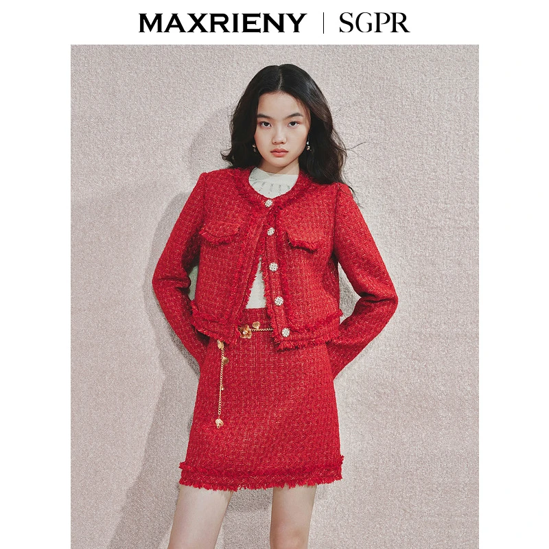 MAXRIENY2025秋冬新款新年红系列千金名媛小香风复古气质短外套