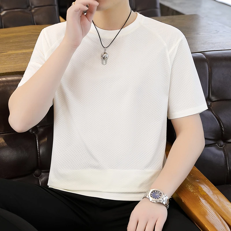 夏季圆领短袖冰丝纤维T恤休闲t恤夏装半袖上衣纯色运动百搭薄款潮