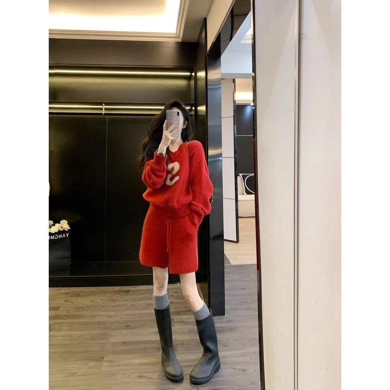 红色毛衣秋冬套装新款宽松高级质感新年红短裤两件套慵懒风休闲