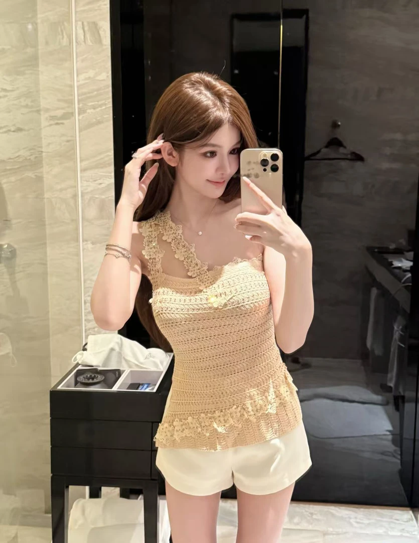 FAY【夜曲】高温烫钻立体花朵蕾丝正反两穿单肩针织上衣