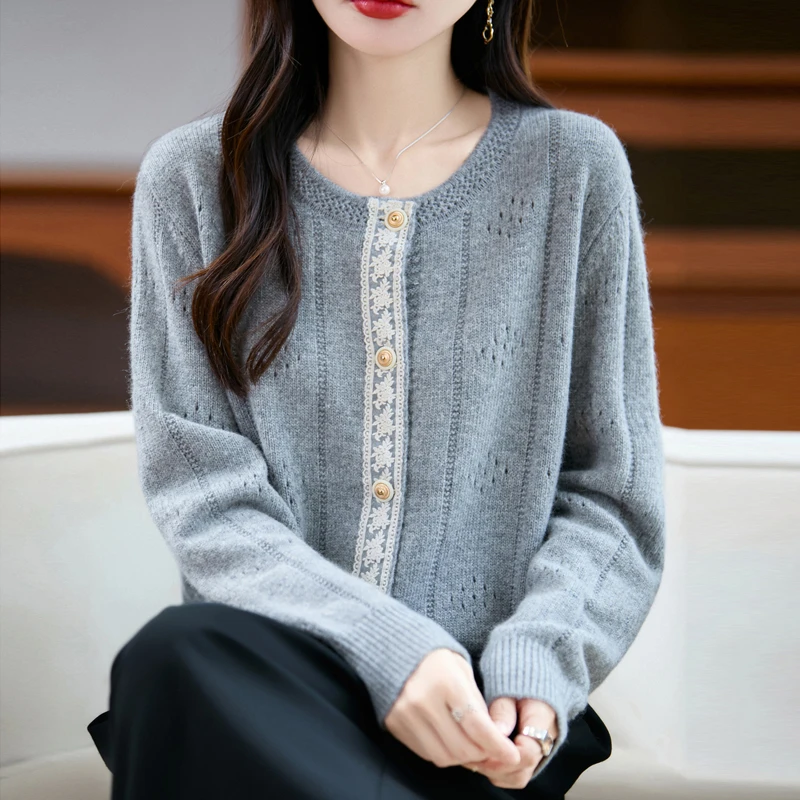 羊范法式设计感蕾丝拼接针织开衫女2025秋冬新款加厚保暖羊毛长袖