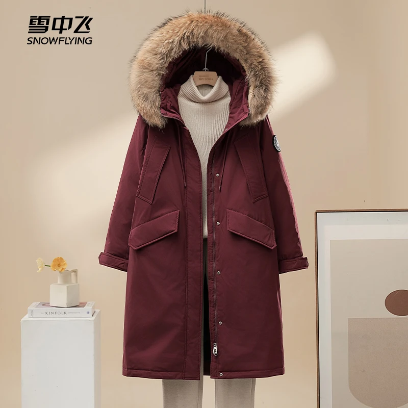 雪中飞羽绒服秋冬工装派克服上衣冬季加厚本命年红色大毛领外套