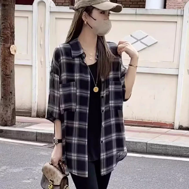 2025年新款薄纱格子防晒衣衬衫女外套夏新款休闲百搭外穿开衫上
