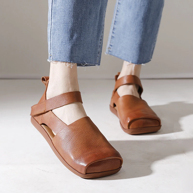 复古真皮平底软底方头女单鞋防滑耐磨轻便简约大码镂空女凉鞋