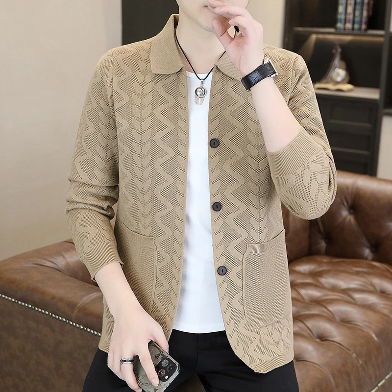 荷波撒纳温男士提花针织开衫外套潮牌秋冬西装领时尚百搭上衣外套