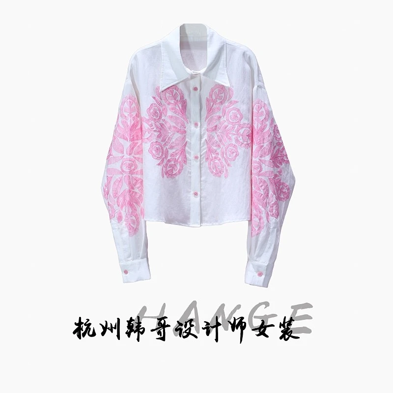 【韩哥女装】米白色国风刺绣亚麻时尚休闲衬衫9270