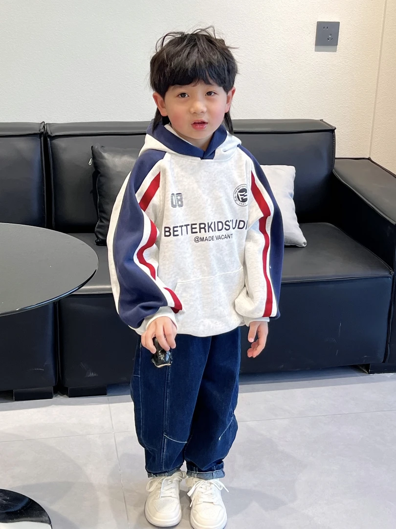 2025春季新品童装儿童撞色美式复古连帽卫衣男童潮范套头卫衣