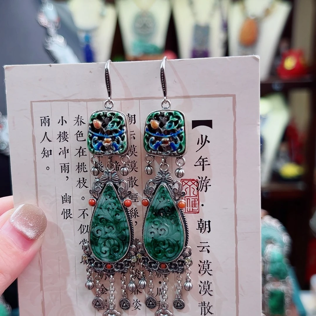 银S925镶嵌翡翠挂件耳环