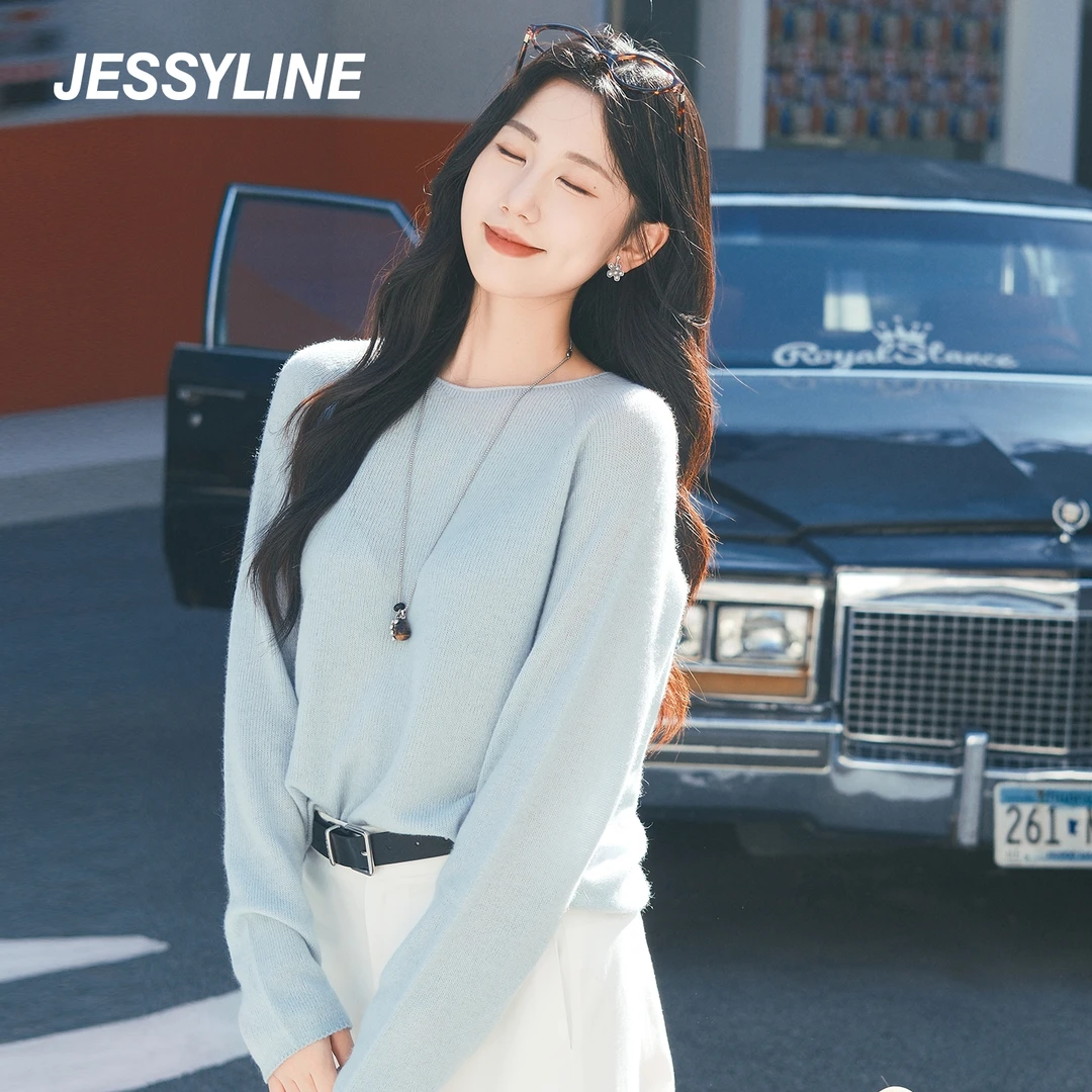 杰茜莱雾霾蓝针织衫套头羊毛衣纯色百搭jessyline2025秋季新款