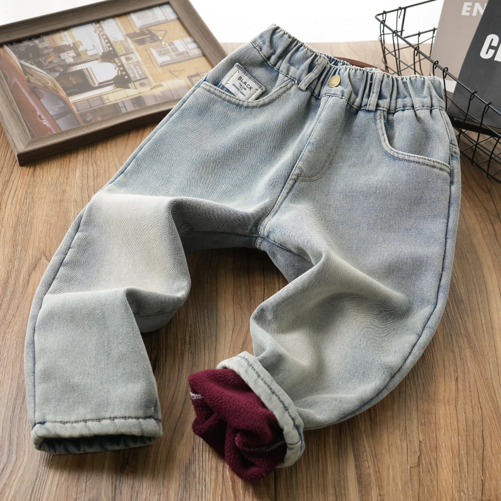 儿童冬季刺绣口袋皮标加绒牛仔裤男童中大童百搭裤子S842