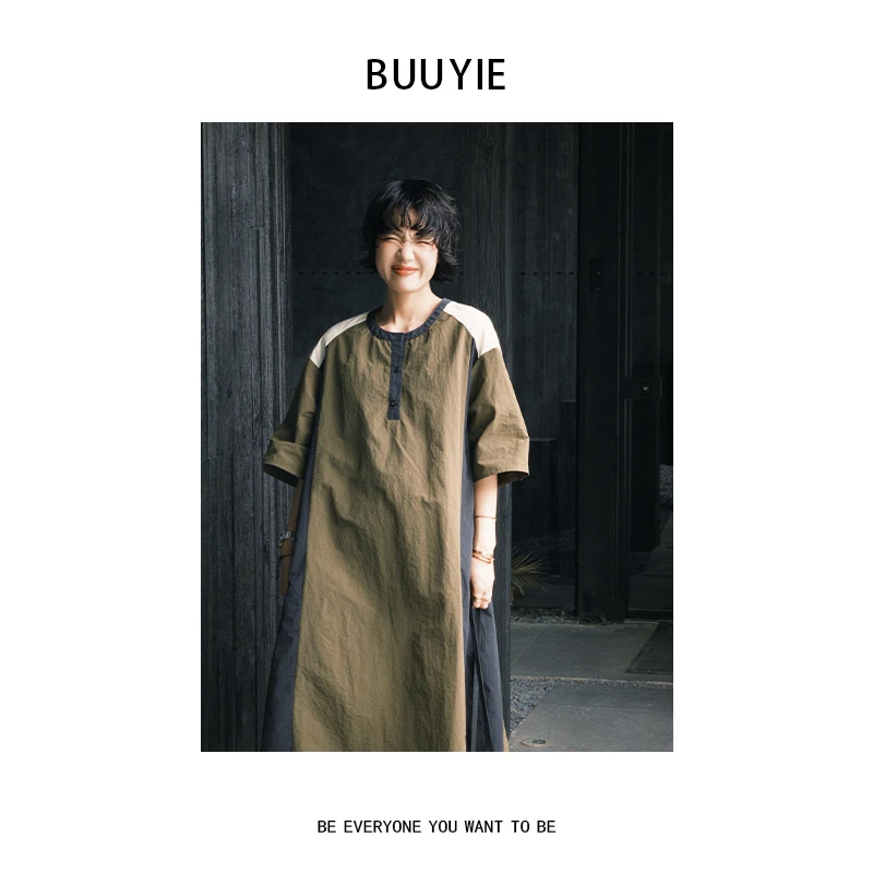 BUUYIE 25SS【碧影】极简风时尚洋气百搭款军绿连衣裙 250510