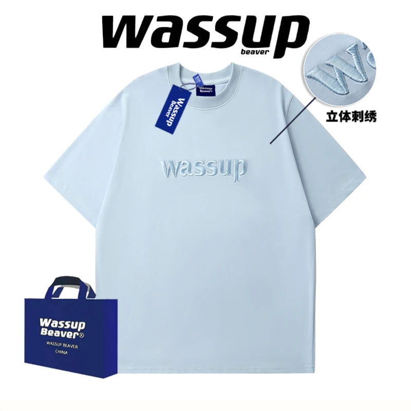 WASSUPBEAVERWASSUPBEAVER夏季休闲刺绣短袖纯棉圆领宽松半袖t恤