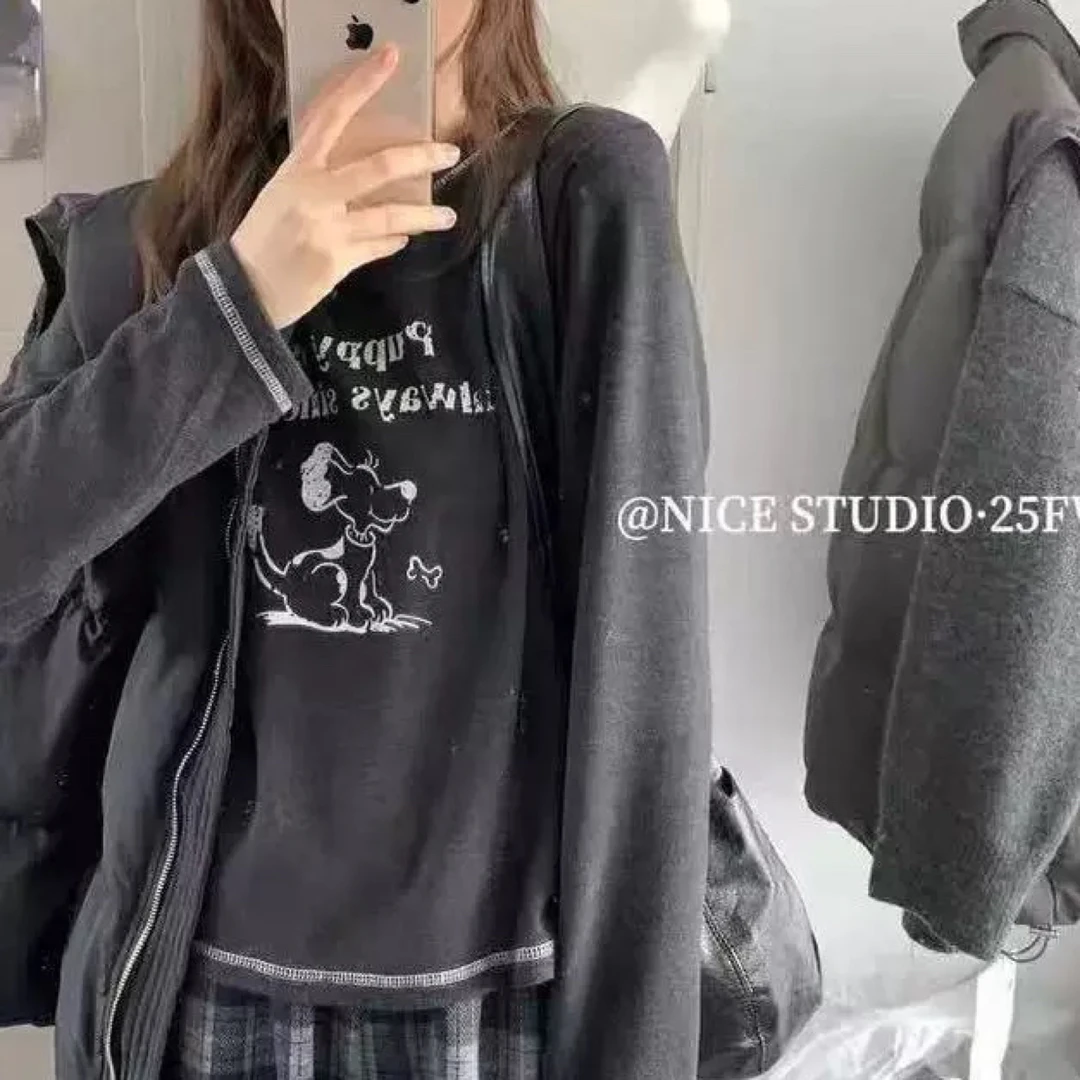 8276大码女装2025新款时尚印花休闲长袖T恤胖mm显瘦百搭减龄上衣