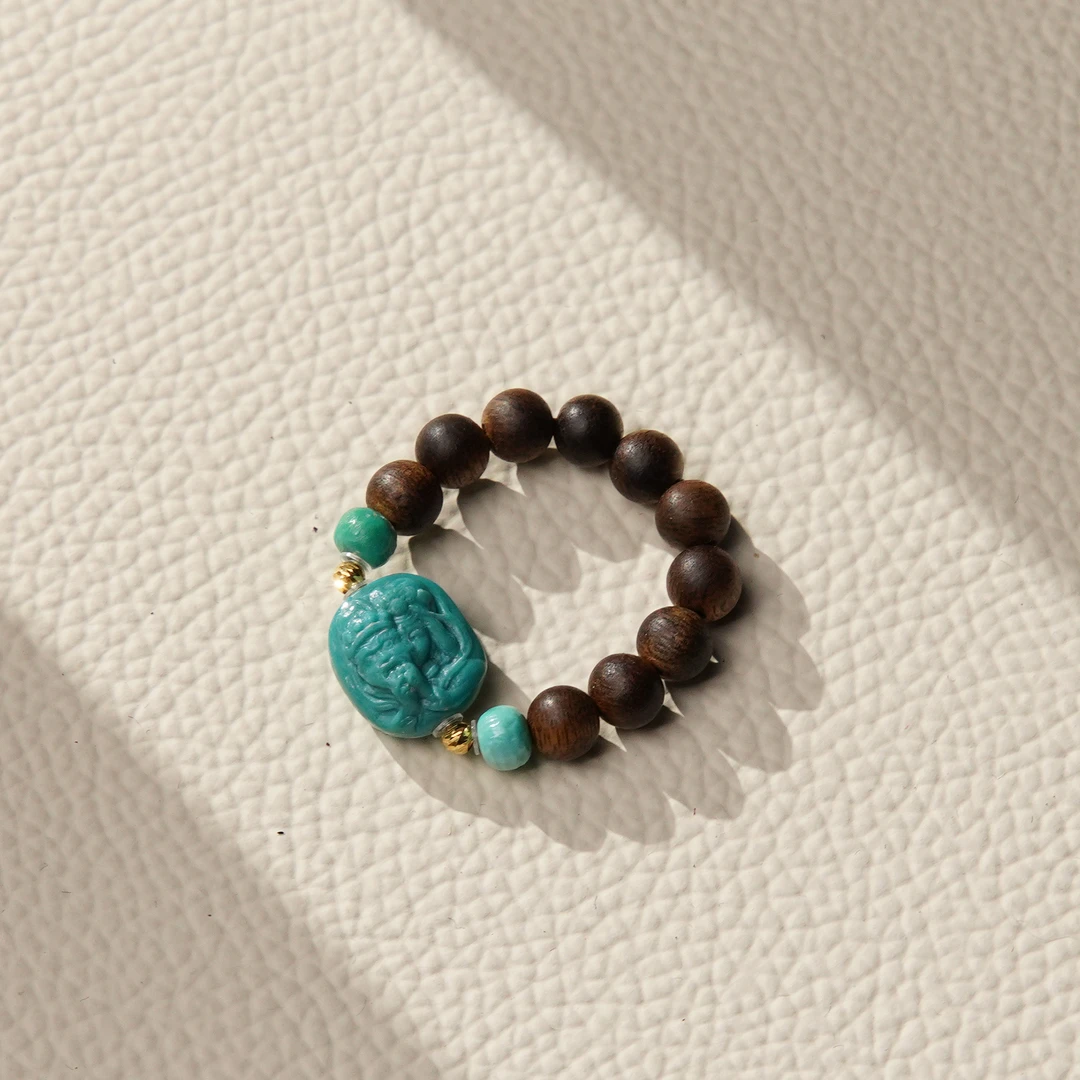 沉香沉水白奇楠DIY18k绿松扎基女财神戒指CBQ0010