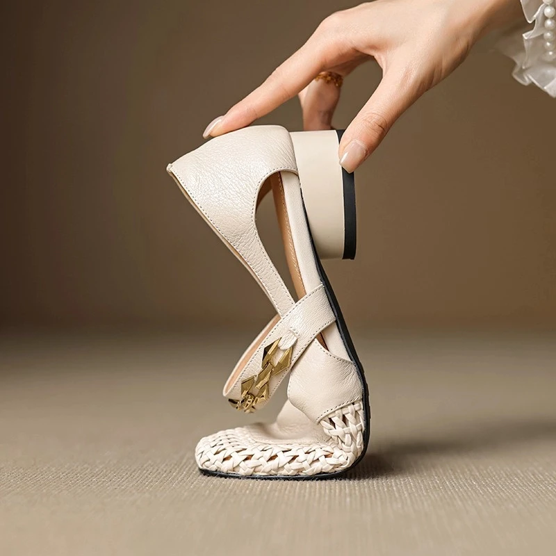 2029【FF】【头层羊皮】/法式编织一字带粗跟单鞋防磨脚凉鞋夏季时尚