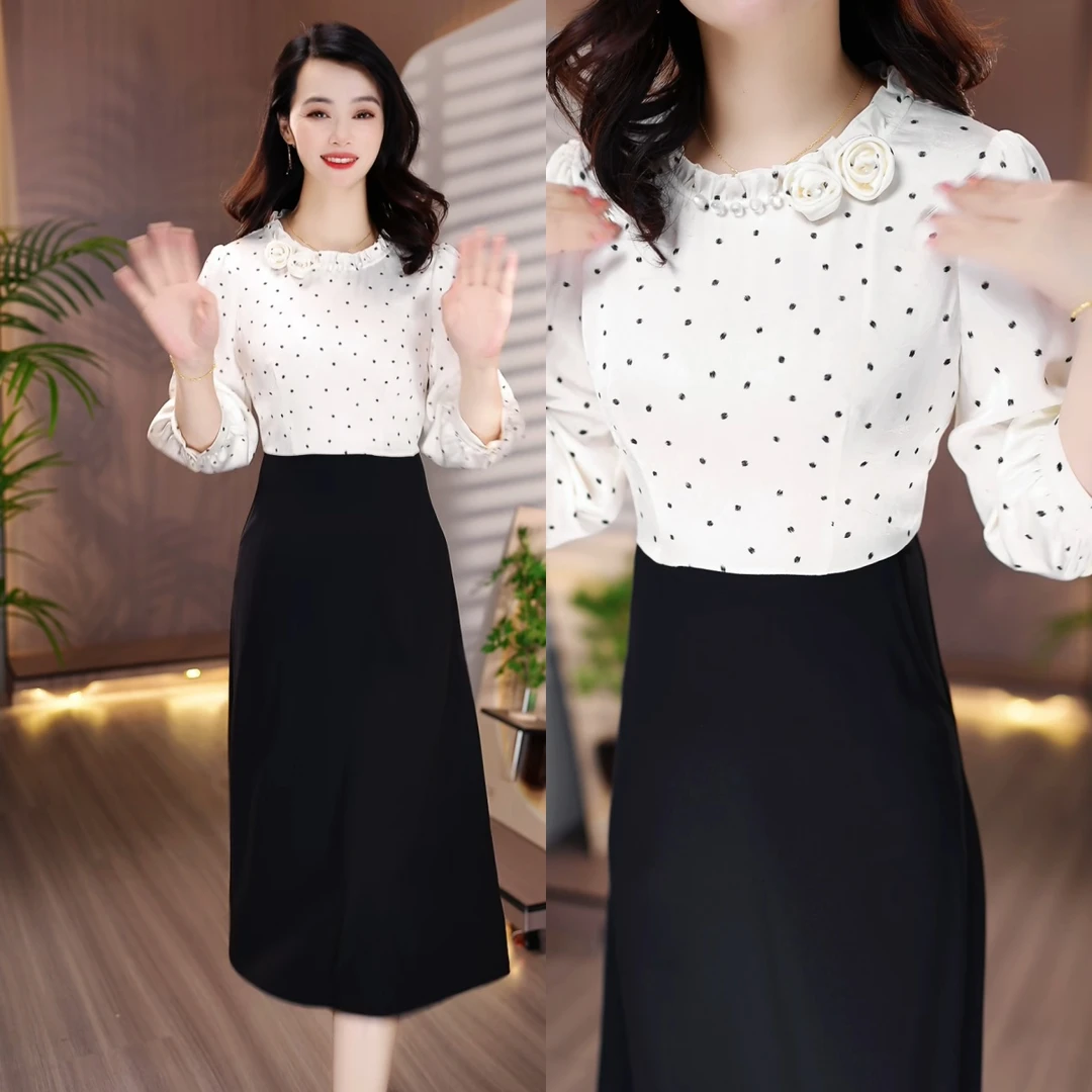 J051白色波点连衣裙花环领口玫瑰花装饰洋气减龄优雅女人味显瘦