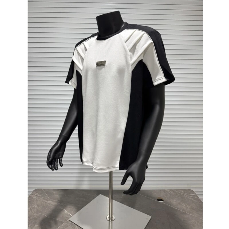 美式解构拼接正肩短袖男款夏季小众设计高级感垫肩T恤五分半截袖