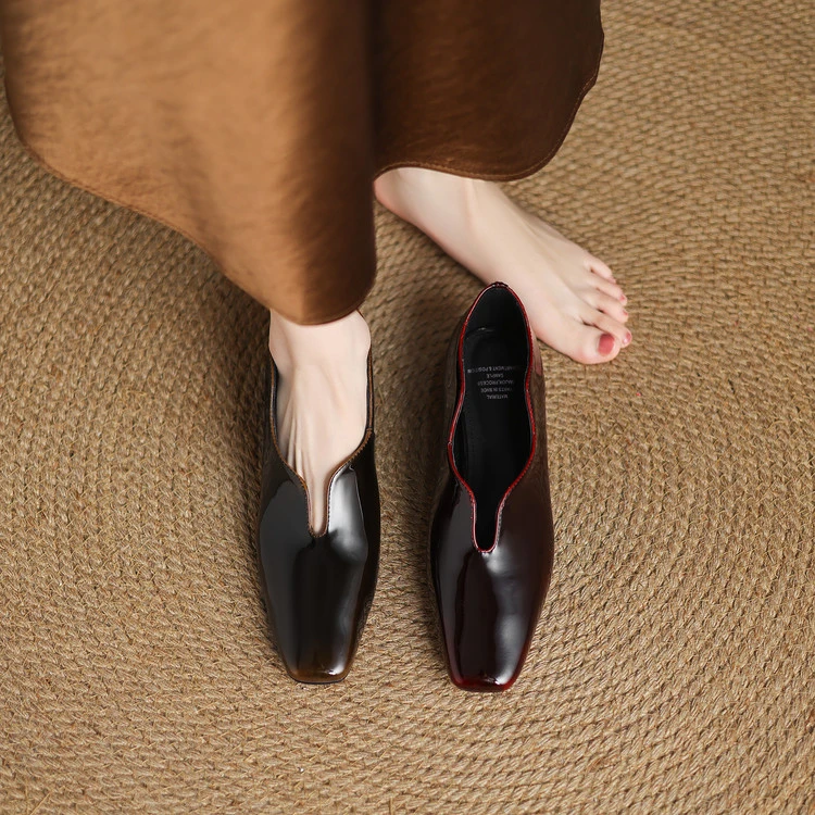 里外纯皮~2cm羊皮小众复古软底软面低跟V口显瘦气质平底鞋单鞋女