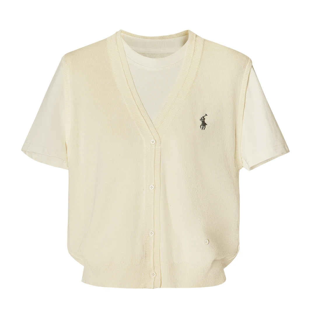 【207913】2025新款时尚刺绣针织背心拼接Ｔ恤短袖假两件上衣