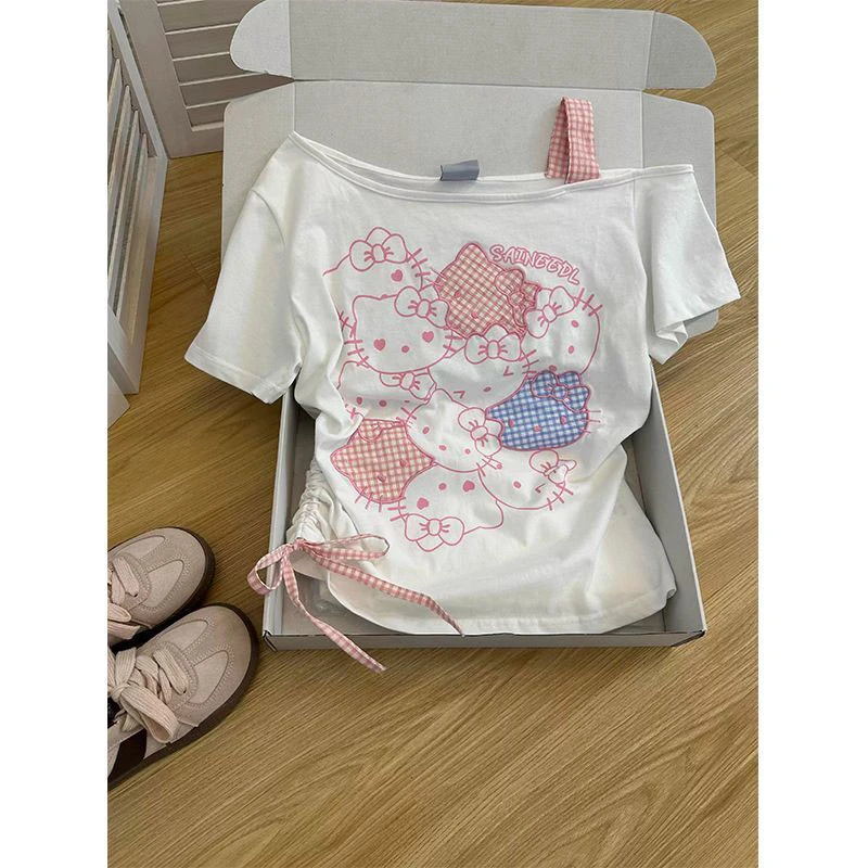 超好看可爱kitty猫印花短袖t恤女夏季小个子宽松百搭斜肩吊带上衣