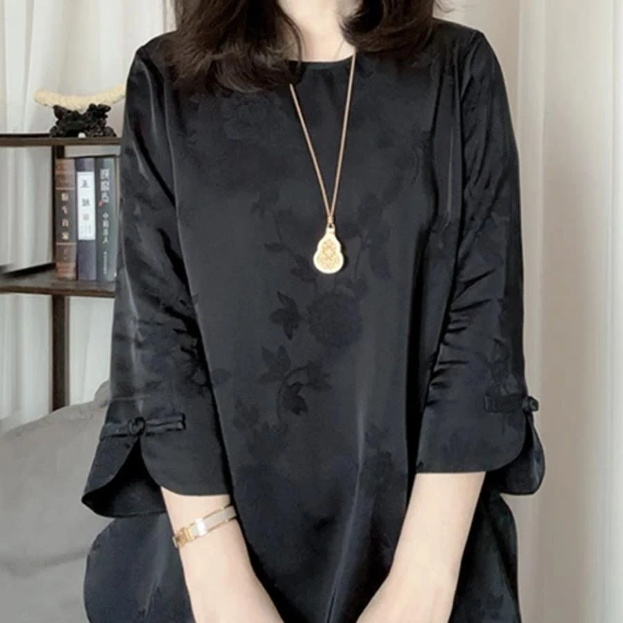 国风夏季新款宽松显瘦黑色圆领小衫女新中式盘扣提花衬衫上衣大码