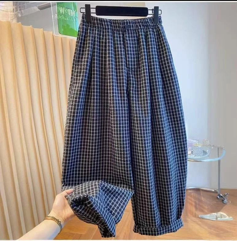 1高级感格子哈伦裤女夏薄款2025新款宽松休闲阔腿裤九分气球裤