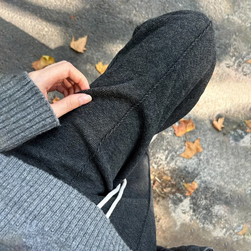 黑灰色阔腿裤女秋季2025高腰休闲人字纹毛呢裤垂感窄版显瘦直筒裤