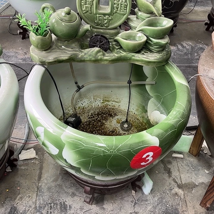 陶瓷直径60高度60叶绿荷带实木底座➕绿色茶壶招财进宝