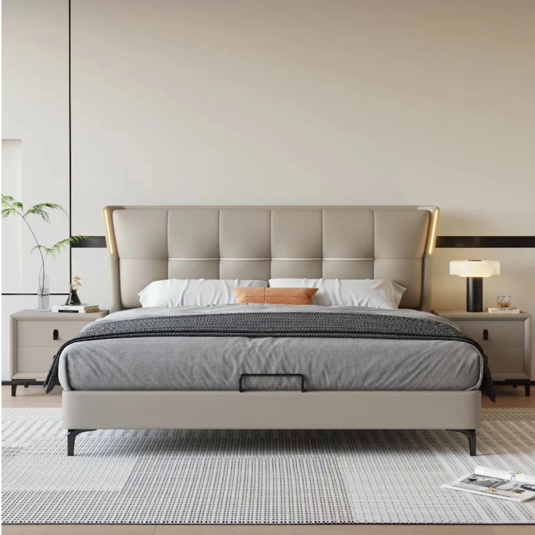 头层牛皮轻奢意式床主卧大小户型双人床1米8现代简约储物婚床皮床