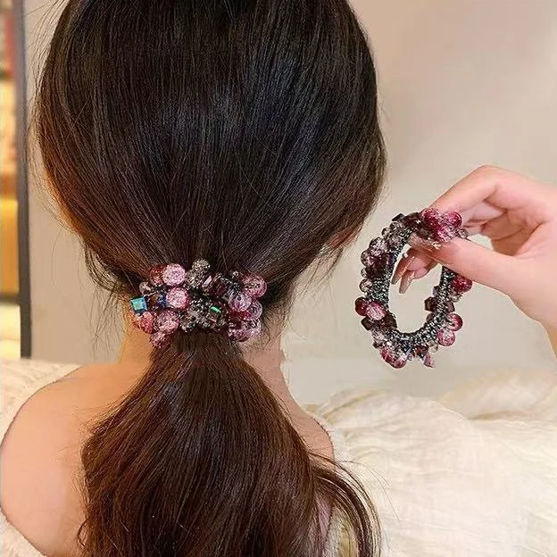 高端紫红色头花水晶发圈女马尾头绳2025新款丸子头扎头发皮筋发饰