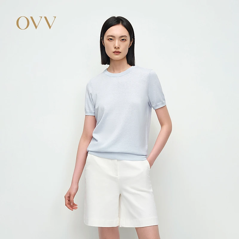OVV25春夏新女装经典清爽丝棉混纺圆领短袖休闲针织衫GNZBW15001A