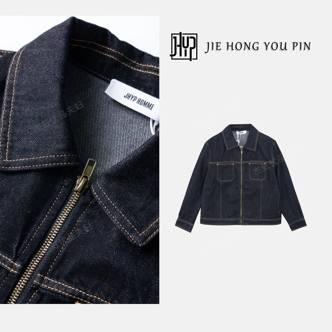 【泡影】黑色牛仔外套长袖拉链休闲百搭翻领秋季2302