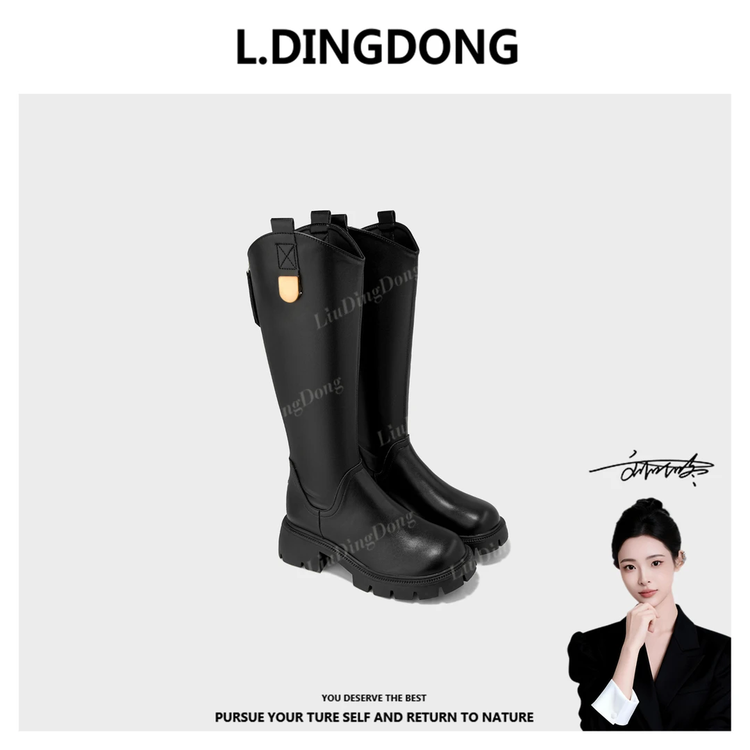 【刘叮咚女鞋】时装靴高筒靴骑士秋冬马靴长筒冬季黑色中筒靴