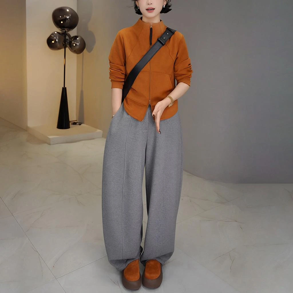 【套装】秋冬时尚双拉链立领弧形上衣双腰线百搭短外套女+休闲裤