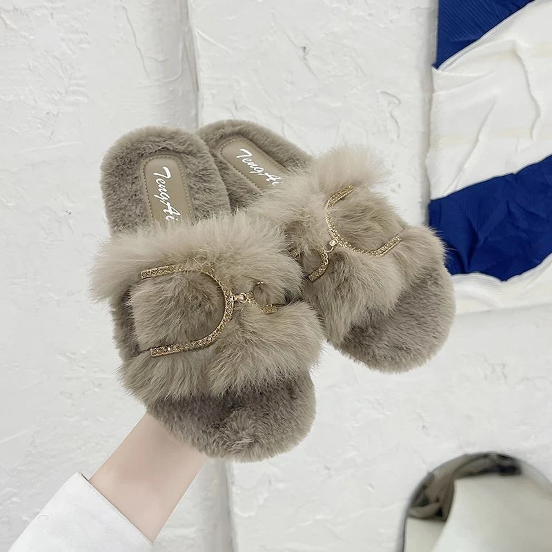 真兔毛毛拖鞋女外穿ins潮2025年秋冬新款网红仙女居家平底棉拖鞋