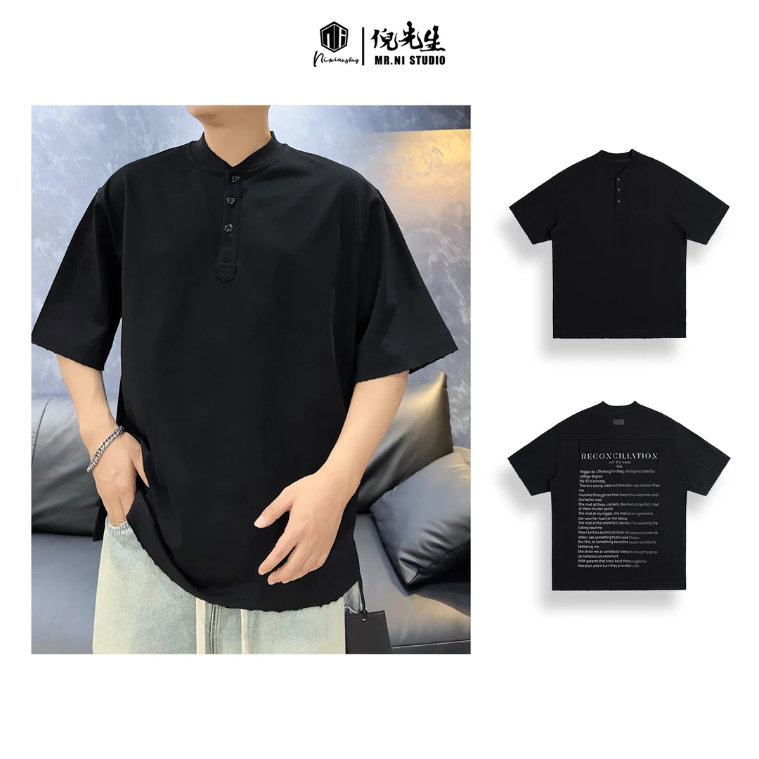 MR.NI/倪先生「亨利美潮」随性不羁男人黑丝ins字母亨利领短袖T恤