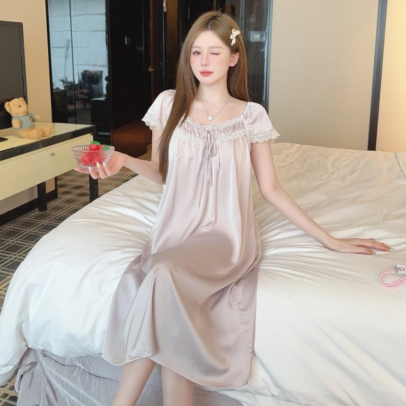 带胸垫睡裙女夏季冰丝短袖长款2025新款蕾丝公主风高级感法式睡衣