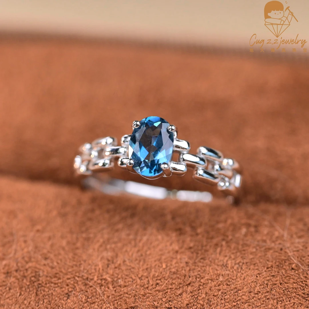 伦敦蓝托帕石戒指宽版重工中性风银戒925银