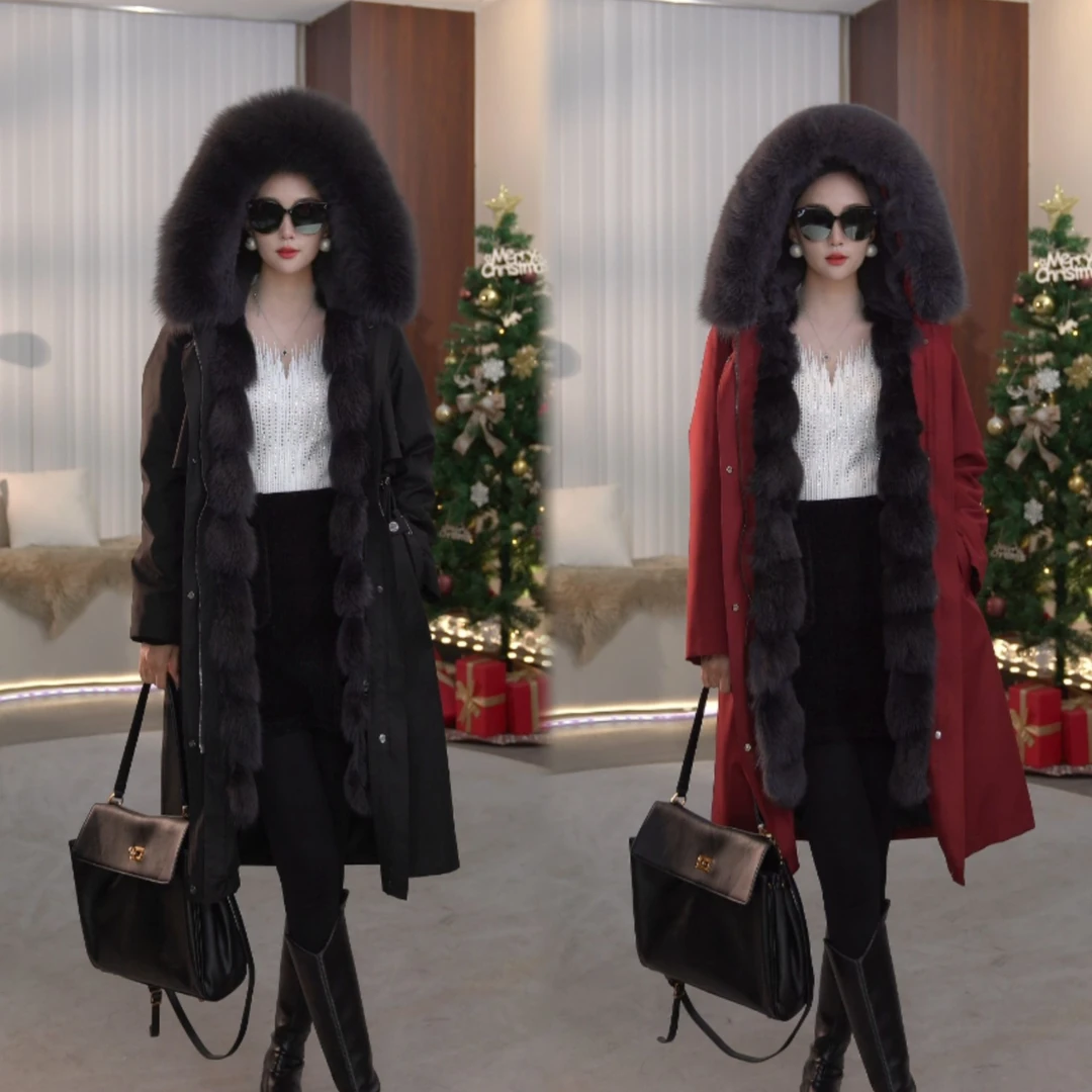 【琼玉狐狸毛】2024新款高档派克服女士长款收腰可拆卸秋冬外套