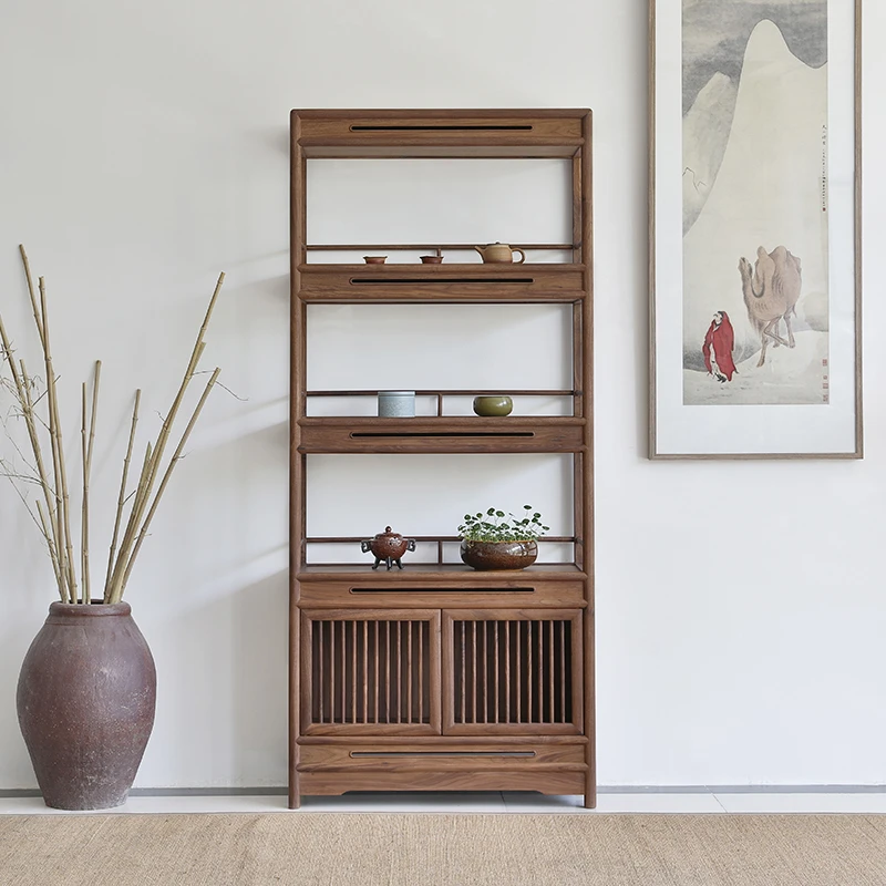新中式书柜实木多宝阁黑胡桃木书架禅意置物架老榆木茶室展示柜