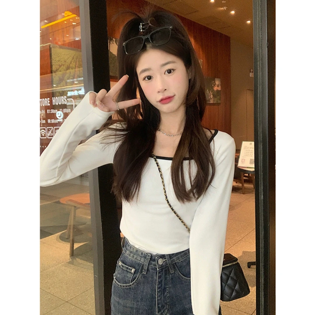 双面德绒U领正肩长袖T恤女加绒加厚保暖冬季修身百搭显瘦上衣012