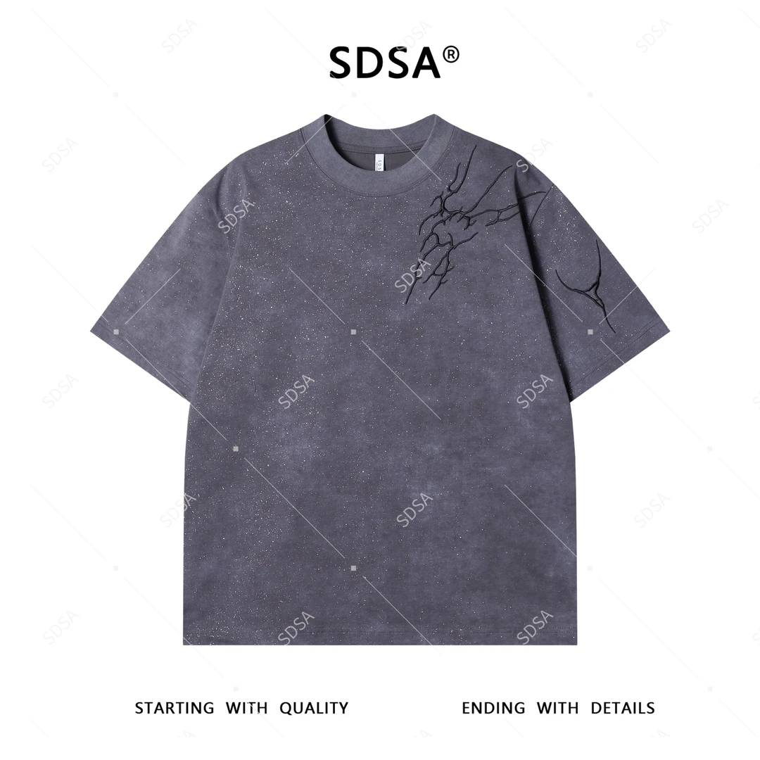 夏季高级感新款男士韩系满天星撞色刺绣短袖T恤重磅圆领宽松上衣