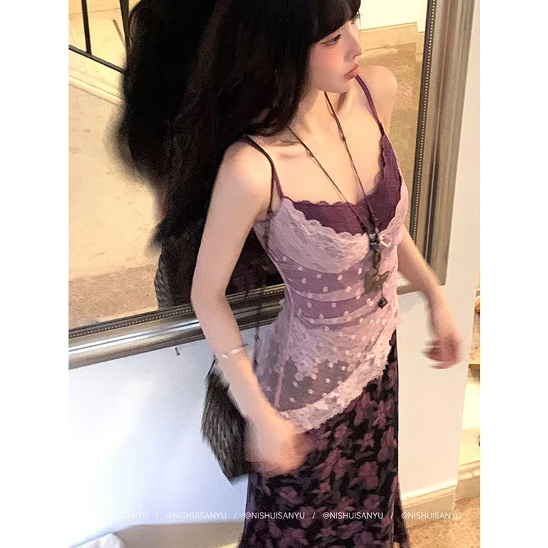 显瘦套装连衣裙女夏季蕾丝性感法式气质紫色长裙外搭两件套印花涤