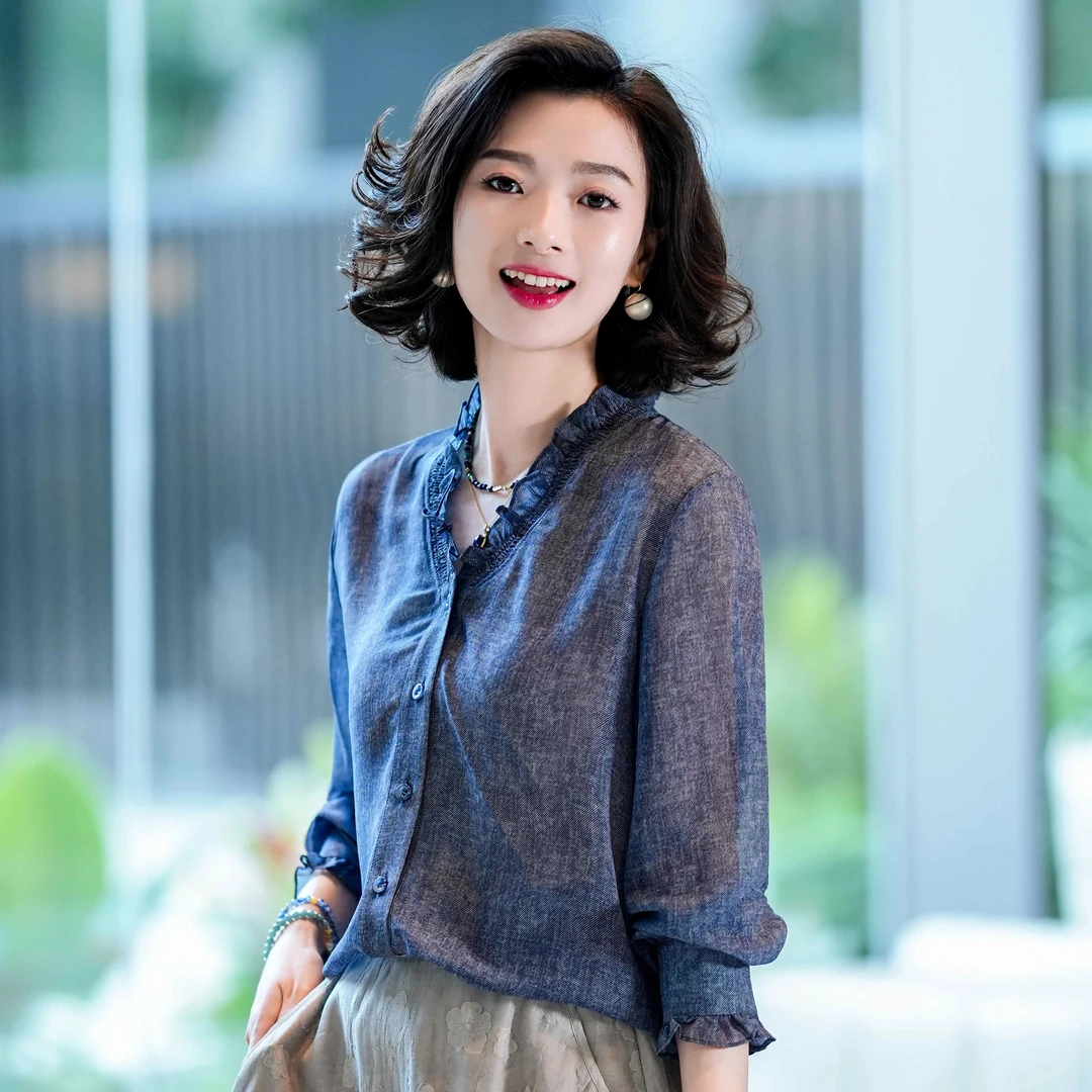 西子/【风语丹宁】意大利经典木耳边小立领正肩牛仔感衬衫/SYHJ005
