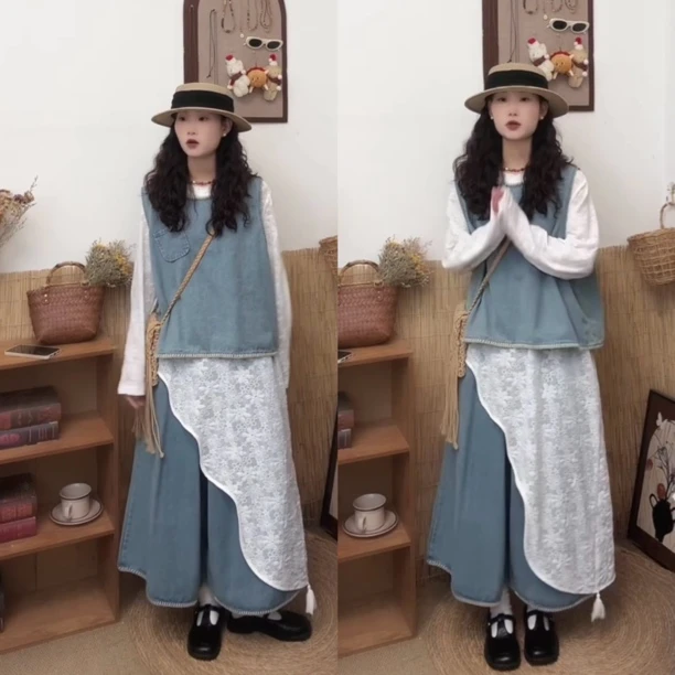 春夏日系设计感绣线马甲松紧腰牛仔阔腿裤