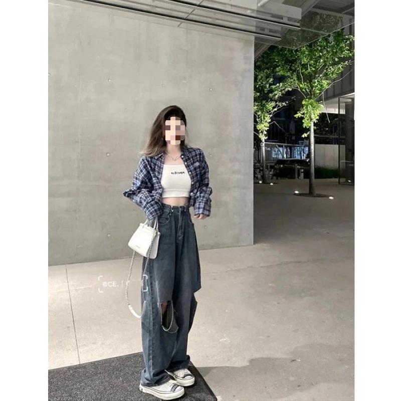 三件套装/单件甜酷风设计感紫格纹Polo领衬衫+吊带背心+牛仔长裤