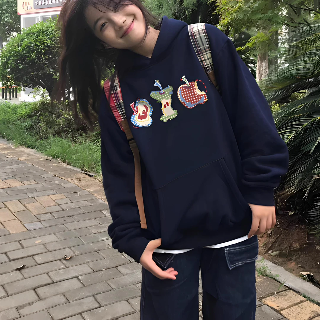 藏蓝卫衣女新款秋冬加绒加厚连帽衫宽松oversize美式高街外套