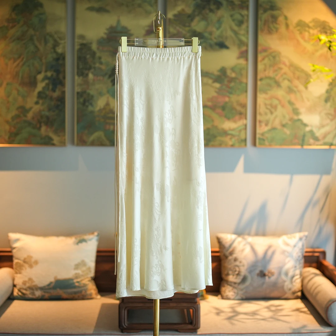 蓝大【清雅瑞】醋酸9581显瘦百搭高腰国风气质时尚白色女士半身裙