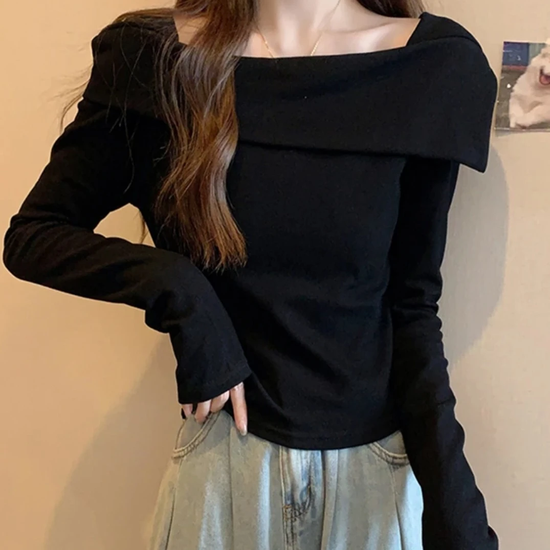 25027长袖衬衫袖螺纹女款秋季大码T恤显瘦黑色小众韩版